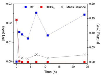 분리된 전기화학적 반응기의 환원전극에서 유기 브롬화합물 (bromoform, HCBr3)의 bromide(Br-)로 환원