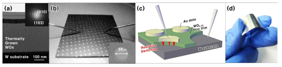 (a) 열적으로 합성된 WOx 기반 멤리스터 소자의 SEM 단면이미지, (b) 디지털 이미지, (c) 소자 구조 모식도 및 (d) 휘어지는 소자 특성의 디지털 이미지 (inset은 WOx 박막의 diffraction pattern)