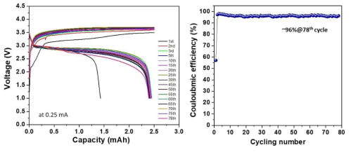 Carbon felt 집전체 및 1 M NaPF6염을 적용한 충방전 사이클 실험결과