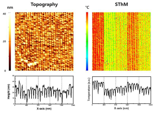 금속 나노 슬릿 구조의 지형도와 입사광 편광 방향에 따른 표면 열 맵핑 이미지 및 라인 프로필