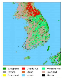 Spatial distribution of land cover retrieved from SYNMAP (Park et al., 2020)