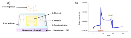 바이오센서 구조 및 이를 통한 전류변화 a) 소자구조, b) 전류-시간 그래프
