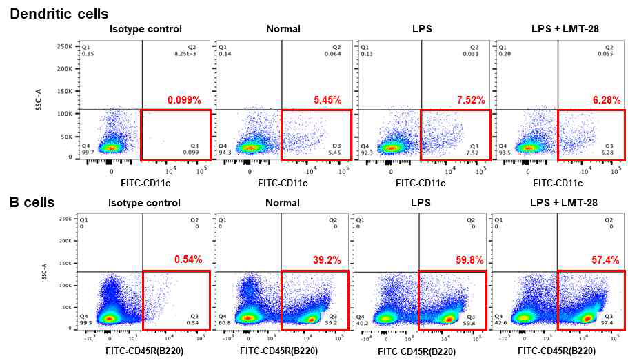 LPS-유도 패혈증 모델에서 LMT-28 약물이 splenocytes에 미치는 영향분석. LPS(35 mg/kg)를 복강투여 하고 LMT-28(25 mg/kg)을 미정맥 투여한 후 5시간 뒤에 비장을 적출하여 면역세포들을 B220/CD45R 혹은 CD11c로 염색하여 FACs 분석을 이용하여 변화 관찰(N=2-3)