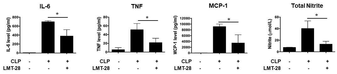 CLP-유도 패혈증 모델에서 LMT-28 약물의 혈청내 염증 마커 분석. CLP 수술로 패혈증을 유도한 후, LMT-28(50 mg/kg)을 경구투여하여 혈청 내 염증마커들을 분석함.(N=3, *p< 0.05)