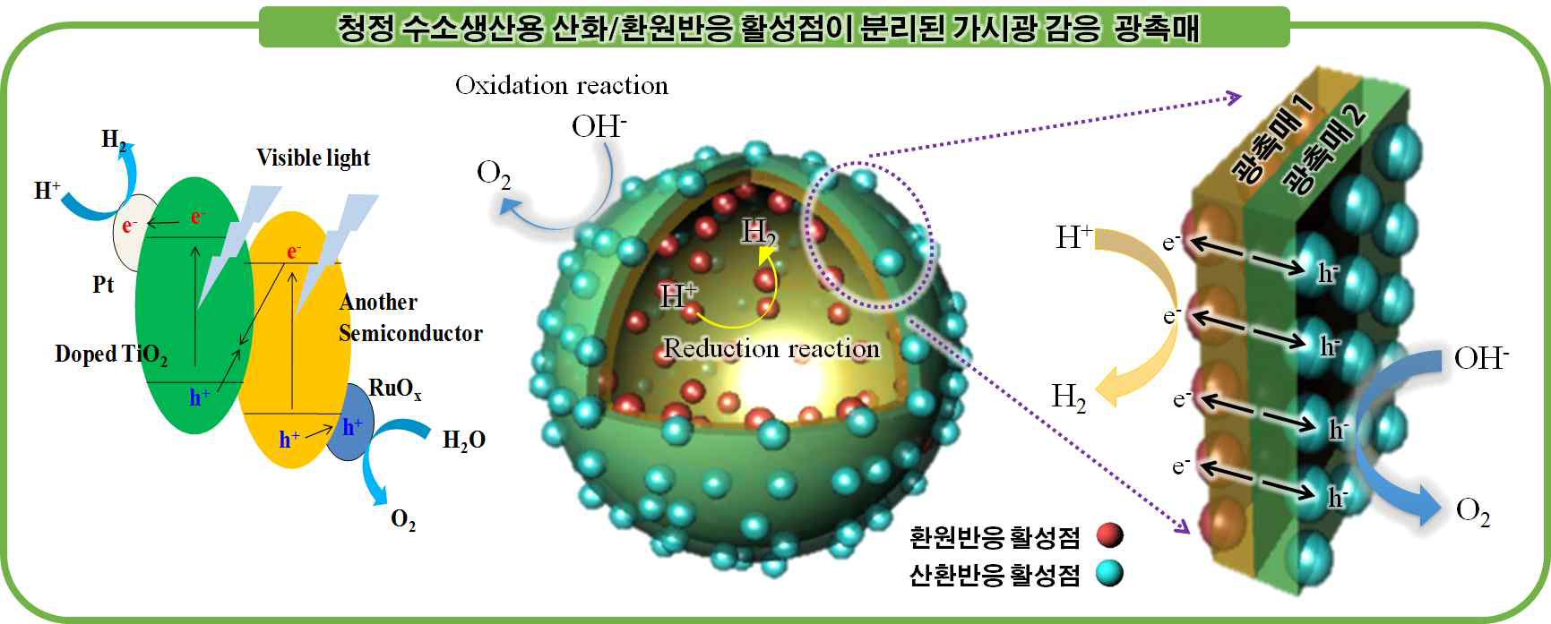 본 연구과제에서 개발하고자 하는 청정 수소 생산용 산화/환원반응 활성점이 분리된 가시광 감응 광촉매 개념을 나타낸 도식도