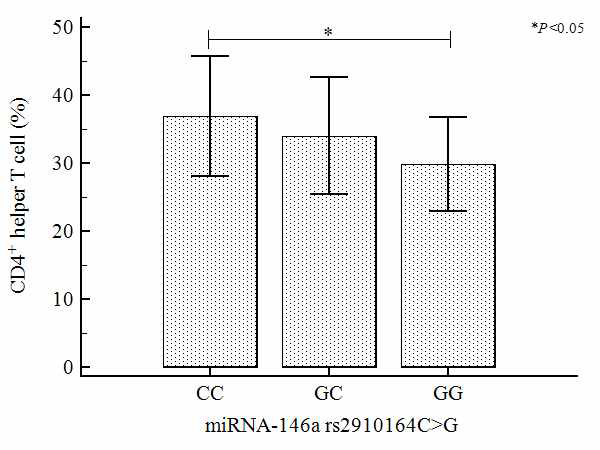 miRNA-146a rs2910164C>G의 유전자형에 따른 CD4+helper T 세포 비율 변화
