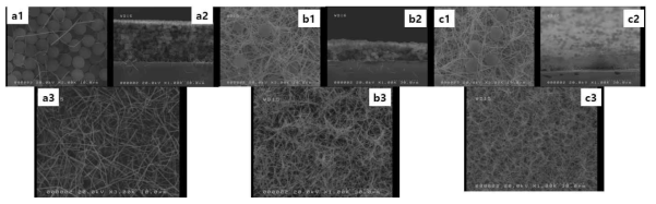 AgNW와 PS 비드를 PET필름에 3회 코팅하고 건조 후 chloroform을 이용하여 PS 비드를 제거한 미세구조 SEM 이미지. (a) AgNW:PS비드=1:10 (b) AgNW:PS비드=1:1 (c) AgNW:PS비드=10:1. (1,2,3) 은 각각 코팅 후, 단면, PS 제거 후 SEM 이미지