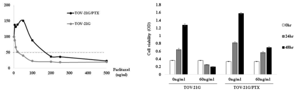 TOV-21G derived paclitaxel-resistant ovarian cancer cell line was established. MTT assay were used to measure cellular viability (left). Cell viability after Paclitaxel treatment (right)