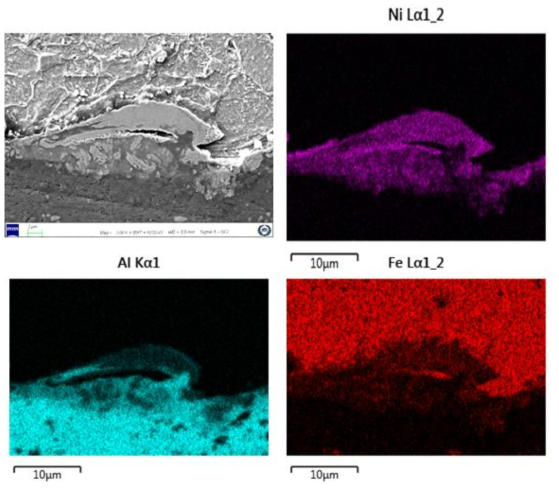 Ni도금 DP590강과 Al소재와의 접합부 SEM 사진 및 EDAX 분석 결과