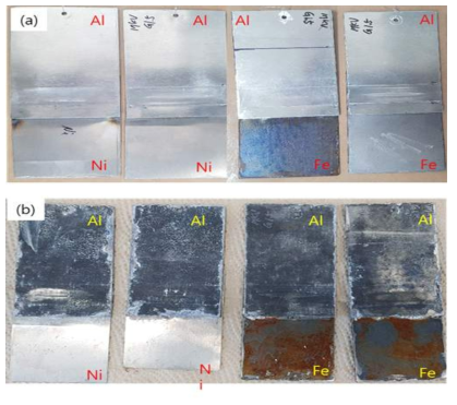 DP590/A6014, Ni도금강판/A6014 조합의 접합시편 (a) 접합 시편 (b) 부식 시험후 시편사진