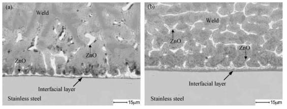 Al 과 스테인리스강 접합부를 보여주는 SEM 사진. (a) as-welded (b) heat treated (Materials Science and Engineering A (2010))