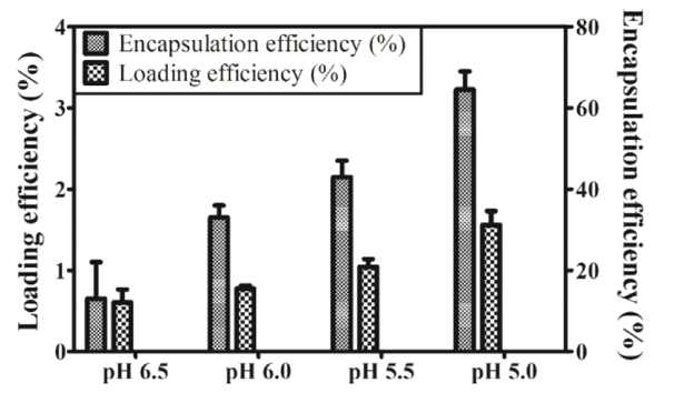 pH에 따른 coacervate에 BSA encapsulation과 loading efficiency