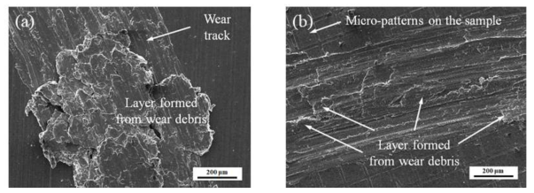 SEM micrographs of the worn surfaces for the untextured and textured samples at dry condition (load=3.5 N) (a) untexture surface and (b) textured surface