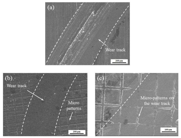 SEM micrographs of the worn surfaces at lubricated condition (load=12.5 N) (a) untextured surface (b) textured surface (c) textured surface(enlarged)