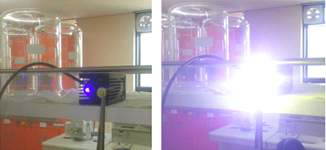 본 연구에서 제작한 형광체 플레이트를 LD에 적용시켜 발광 테스트 사진