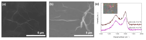 rGO 박막층의 트랜스퍼 공정 (a) 전과 (b) 후의 SEM 사진, (c) Raman 그래프