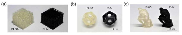PLGA 필라멘트를 FDM 프린터에 사용한 다양한 구조물 및 상용화 필라멘트와의 비교