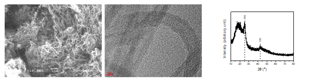 SEM image (left), HR-TEM image (middle), and XRD pattern (right) of CNT