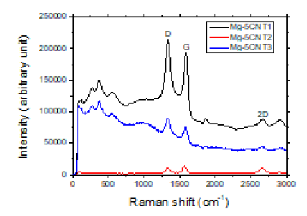 Raman spectra for Mg-5CNT (12 h) after RMG