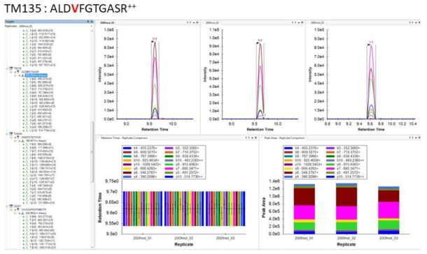 Tmem135 SIS peptide에 대한 MRM transition 확인 결과