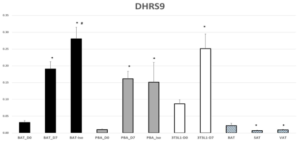 DHRS9의 11개 조건에서의 평균 절대 정량값과 표준오차 그래프 (fmol/μg)