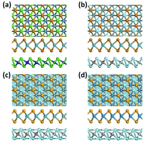 Optimized heterostructures of (a) MoTe2/Ca2N, (b) MoTe2/Y2C, (c) MoSe2/Y2C, and (d) WSe2/Y2C