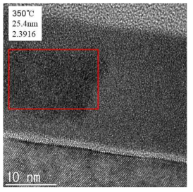 growth temperature 350도에서 성장한 TiO2박막의 TEM 사진. 부분적으로 결정화가 진행된 것을 알 수 있다