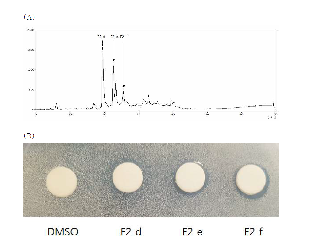 HPLC chromatogram of column faction 2 (A) and Inhibitory activity against P. acnes (B)