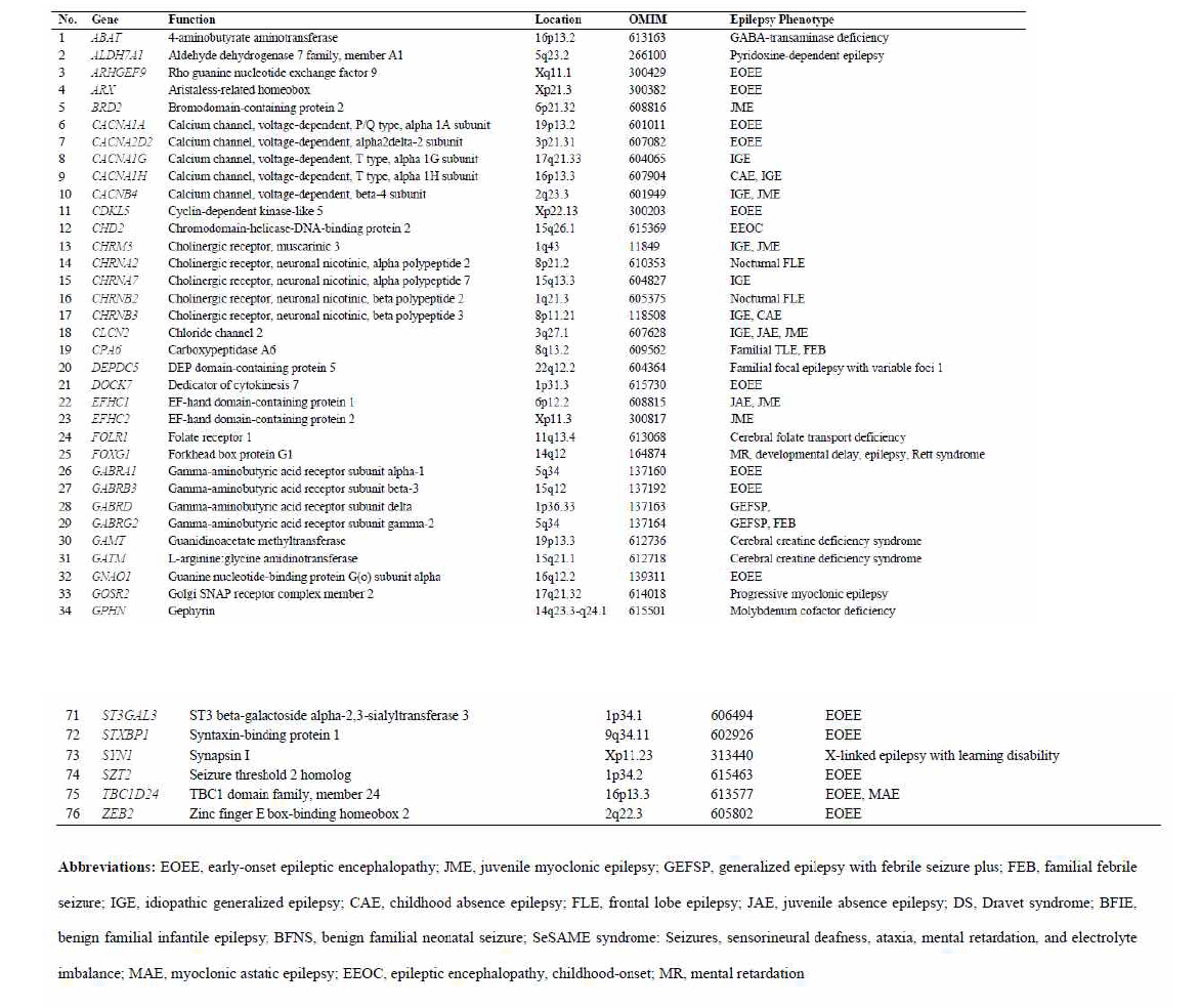 76개의 뇌전증 관련 유전자를 포함한 유전자패널에 포함된 유전자