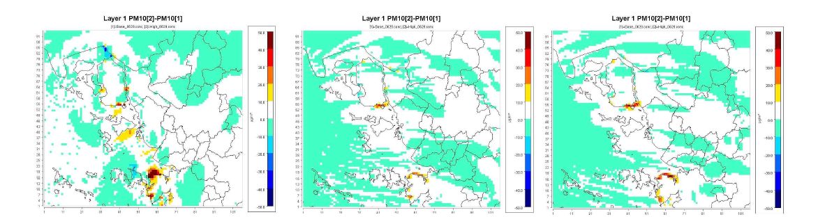 EXP-High (Water) 와 EXP-Base (Wetland) 의 PM10 농도 Difference map. 09 LST, 15 LST, 18 LST의 공간분포를 나타냄