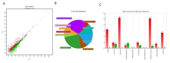 The partial analyses of RNA sequencing of Arabidopsis infected with P. fluorescens A. The scatter plot of DEG between 1 day and 3rd day of infection. B. The Pie chart of DEGs. C. The bar graph of DEGs and their relevant cellular pathways