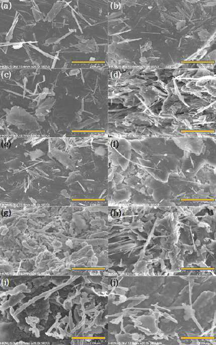 Field emission scanning electron micrographs (FESEM) images of non-calcined and calcined sepiolite under different temperatures: (a) Non-calcined sepiolite; (b) calcined 100°C; (c) calcined at 300°C; (d) calcined at 500°C; (e) calcined at 700°C; (f) calcined at 750°C; (g) calcined at 800°C; (h) calcined at 850°C; (i) calcined at 900°C; (j) calcined at 950°C