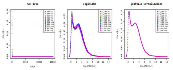 샘플별 발현값 분포의 Density Plot. Raw signal (FPKM)+1의 Logarithm (based 2) 전/후, Quantile Normalization 전/후에 대하여 각 샘플별 전체적인 발현값 분포를 한 눈에 알아보기 위하여 density plot으로 나타낸 그림임