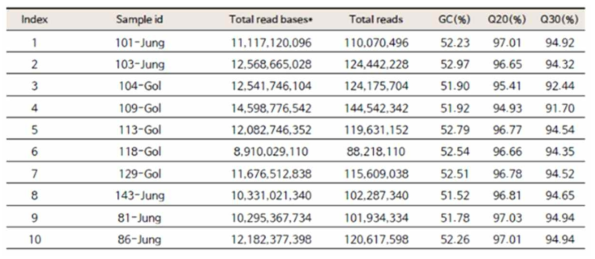 Raw data 통계치. 10 샘플에 대한 transcriptome raw data의 총 길이, read 수, GC(%), Q20(%), Q30(%)으로 나타났으며, 이는 예를 들어, 101-Jung 샘플은 110,070,496개 reads가 생성되었으며, 총 길이의 합은 11.1G bp로 생산되었음. GC content(%)가 52.23% 였으며, 염기 품질 점수 30이상을 갖는 염기의 비율(Q30, %)은 94.92%로 나타났음