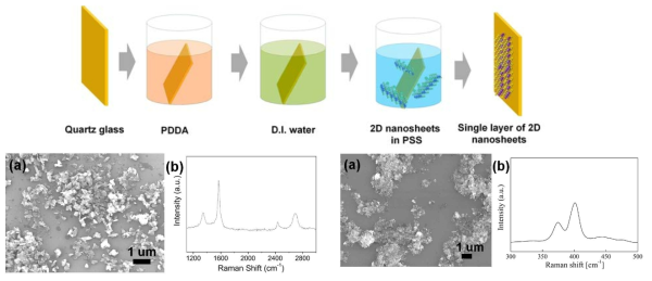 정전기력을 이용한 quartz glass위에 단일층 2D 나노시트의 자기조립 과정 모식도>