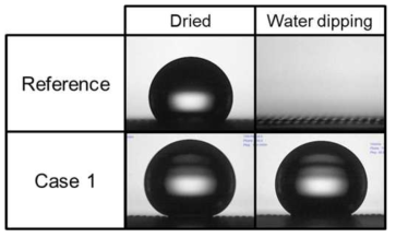 reference 와 case1 처리된 메시에 대한 water dipping 전후 물방울 접촉각 변화