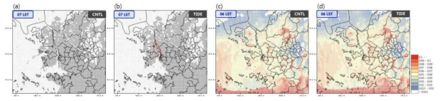 (a, b) 상대습도-풍속의 안개발생 가능성이 높은 조건에 해당하는 격자, (c, d) 최하층에서의 LWC의 공간분포