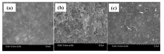 Plain view SEM image of nano-composite membrane (a) primitive membrane and (b) membrane after the operation, and (c) surface of the membrane after cleaning operation