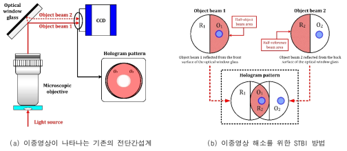 이중영상 문제를 포함하는 (a)탈축 전단간섭계와 (b)이를 해결하기 위한 STBI 방법