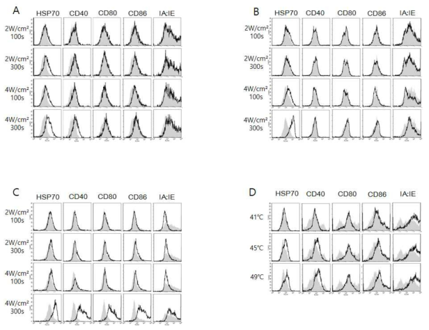 광열 처리에 의해 유도되는 DC의 면역원성 증가 100ug/ml의 Indocyanine green을 BALB/c의 골수세포 유래의 수지상 세포 (DC)에 uptake 시켜서 광열 처리 이후에 표면의 CD40, CD80, IA/IE의 발현을 flow cytometry로 측정하였음. A. 1시간 이후 변화, B. 24시간 이후 변화, C. 96시간 이후 변화, D. Waterbath heating을 통한 변화