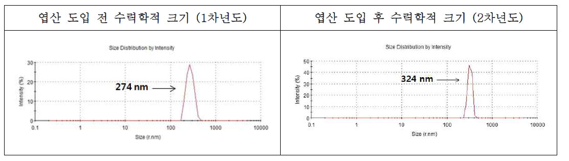 엽산 도입 전·후의 실리카 나노로드의 수력학적 크기 비교분석