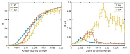 뇌 사이의 전체 연결성(global coupling strength)에 따른 Order parameter(R)와 준안전성(metastability, R std)의 변화. 사회 네트워크의 구조에 따라 동기화 패턴에서 차이가 나타나는 것을 확인하였다