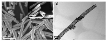 Ce2Zr2O7 나노튜브의 (a)FE-SEM 및 (b) TEM 사진
