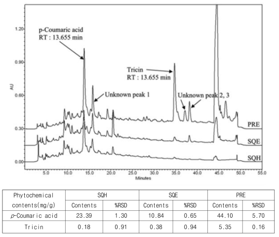 Sasa quelpaertensisls 에서 분리한 추출물의 HPLC 크로마토그램