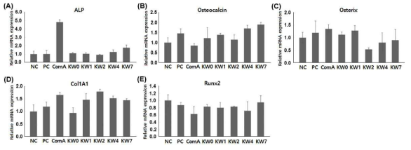 Compound A와 유도체 5종의 처리에 의한 골분화 관련 주요 유전인자의 발현에 미치는 영향 (A) ALP, (B) Osteocalcin, (C) Osterix, (D) Col1A1, (E) Runx2