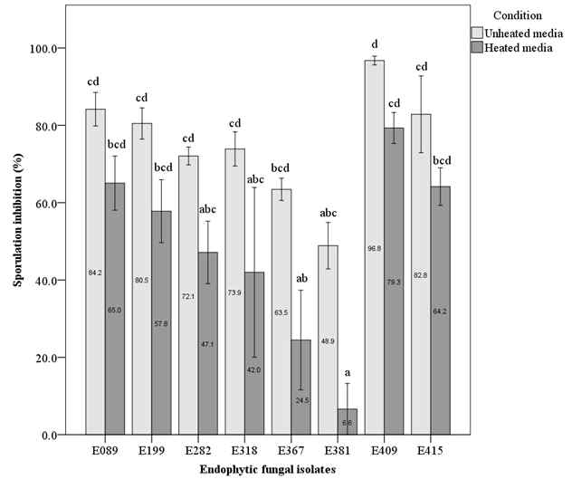 Sporulation inhibition (%) of endophytic fungal isolates against oak wilt fungus in culture filtrate test. Different letters indicate a significant difference (p < 0.05) among treatments