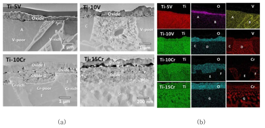 (a) HAADF images measured by STEM. Pores were clearly observed at the oxide layer and boundaries. (b) EDS mapping images for Ti, O, and V or Cr elements at regions shown in HAADF images