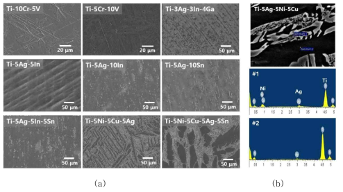 (a) SEM images for titanium alloys and (b) EDS spectra of Ti-5Ag-5Ni-5Cu alloy