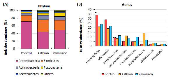 정상군, 천식군, 관해군의 Taxonomic composition(phylum, genus) 비교