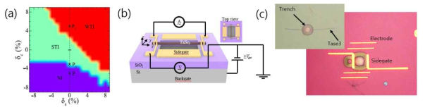 (a) 인가된 압력에 따른 TaSe3의 topological 상변화 [2]. Topological 상변화에 따른 Lorenz number의 변화를 측정하기 위한 (b) suspended TaSe3 소자의 모식도 (c) 실제 소자사진